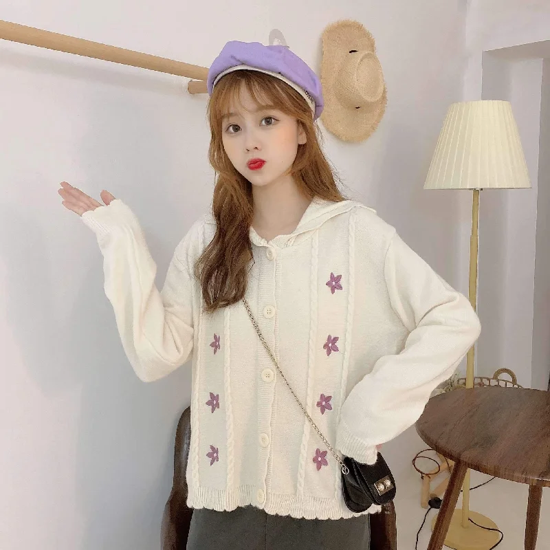 Women's Kawaii Flower Embroidered Hooded Cardigans