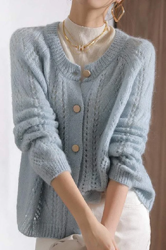 Mock Neck Openwork Knit Cardigan