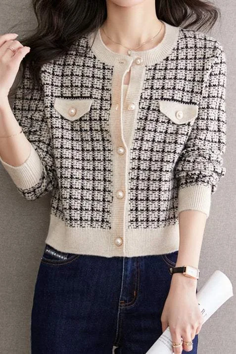 Round Neck Check Pattern Knit Cardigan - 2 Colors Available