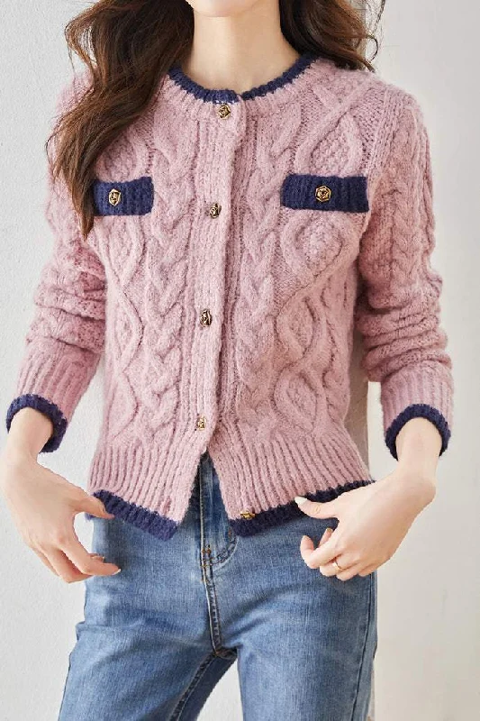 Bi-Color Aran Pattern Knit Cardigan - 2 Colors Available