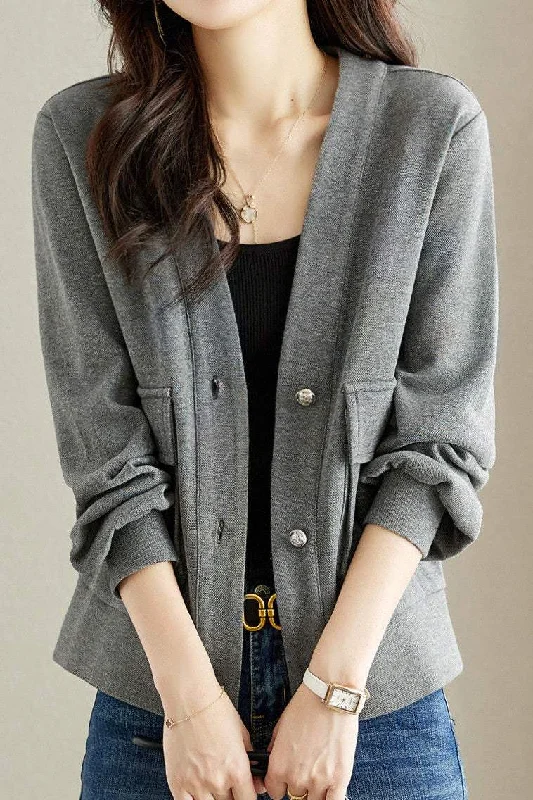 V-Neck Double Flap Pocket Long Sleeve Cardigan