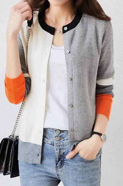 Round Neck Multi-Color Design Knit Cardigan