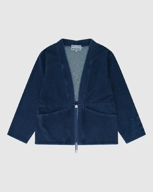 INDIGO DENIM LOGO BOLO TIE CARDIGAN