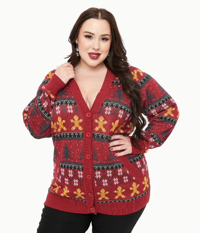 Unique Vintage Plus Size 1960s Burgundy Gingerbread Fair Isle Cardigan